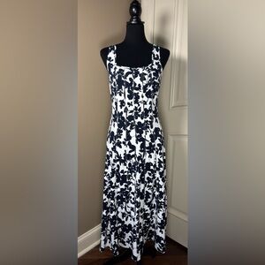 Loft Woman’s Garden Seamed Ponte Midi Dress Navy Blue & White Back Zipper Size 4